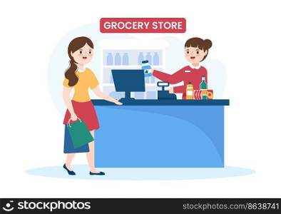 Grocery Store or Supermarket with Food Product Shelves, Racks Dairy, Fruits and Drinks for Shopping in Flat Cartoon Hand Drawn Templates Illustration