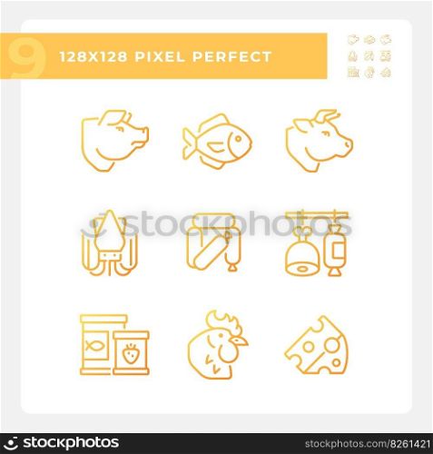 Grocery store pixel perfect gradient linear vector icons set. Food market. Retail business. Meat and poultry. Thin line contour symbol designs bundle. Isolated outline illustrations collection. Grocery store pixel perfect gradient linear vector icons set
