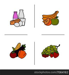 Grocery store products categories color icons set. Fruit, vegetables, berries, dairy products. Isolated vector illustrations. Grocery store products categories color icons set