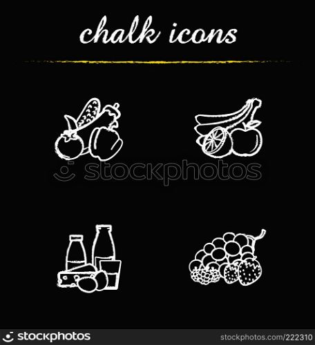 Grocery store products chalk icons set. Fruit, vegetables, berries, dairy. Isolated vector chalkboard illustrations. Grocery store products chalk icons set