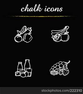 Grocery store products chalk icons set. Fruit, vegetables, berries, dairy. Isolated vector chalkboard illustrations. Grocery store products chalk icons set