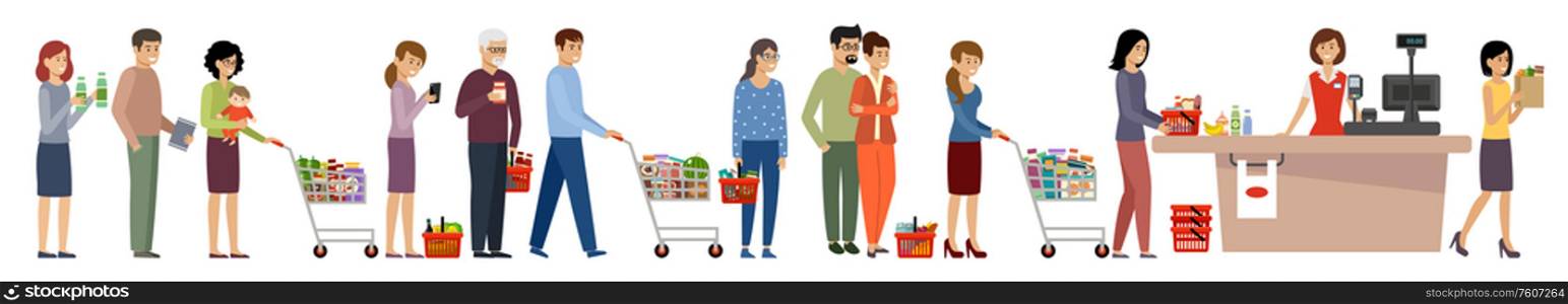 Grocery store queue. People with shopping carts and basket with food. Vector flat illustration
