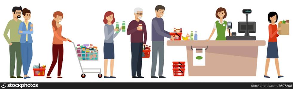 Grocery store queue. People with shopping carts and basket with food. Vector flat illustration