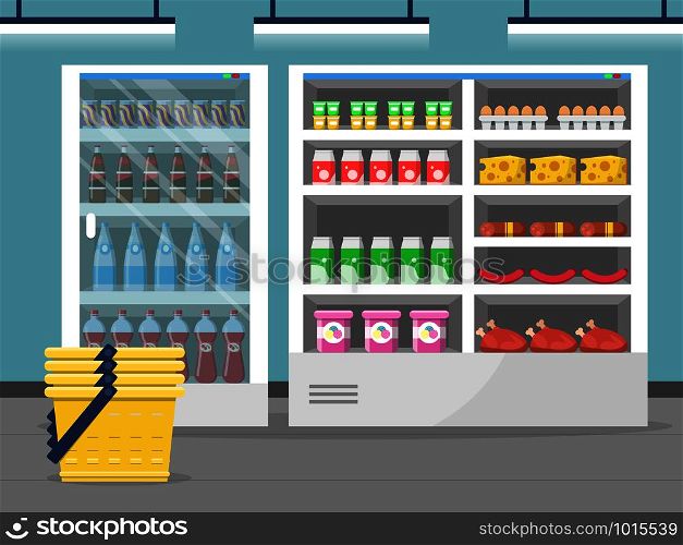 Grocery store showcase. Shop food store inside the supermarket checkout vector background. Illustration of shop and market interior with food. Grocery store showcase. Shop food store inside the supermarket checkout vector background
