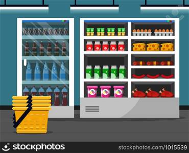 Grocery store showcase. Shop food store inside the supermarket checkout vector background. Illustration of shop and market interior with food. Grocery store showcase. Shop food store inside the supermarket checkout vector background