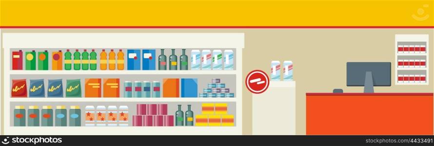 Grocery Store with a Showcase and a Cash Counter. Grocery store with a showcase and a cash counter. Interior Food store on the counter selection of canning food and drinks in the flat design style. Shopping centre and consumerism. Vector illustration