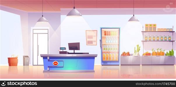 Grocery store with cashier desk empty shop interior with production on shelves and cold drinks in refrigerator, fresh vegetables. Product market, local food retail place, Cartoon vector illustration. Grocery store with cashier desk empty interior