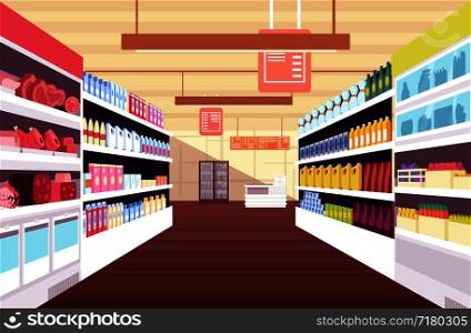 Grocery supermarket interior with full product shelves. Retail and consumerism vector concept. Illustration of supermarket and shop, grocery interior. Grocery supermarket interior with full product shelves. Retail and consumerism vector concept
