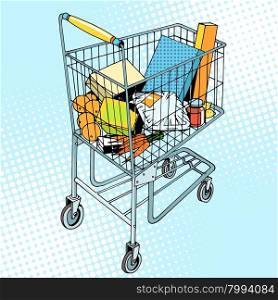 grocery trolley with food pop art retro style. Buy in the store. Vegetables fruit meat packaging gifts goods. Business and buyers. grocery trolley with food