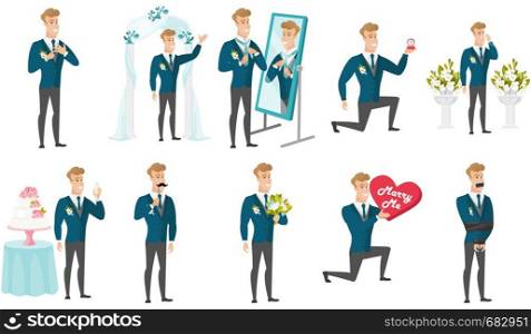 Groom and wedding scenes set. Young caucasian groom making proposal with a ring, holding fake moustache, saying a toast, kneeling. Set of vector flat design illustrations isolated on white background.. Young caucasian groom vector illustrations set.