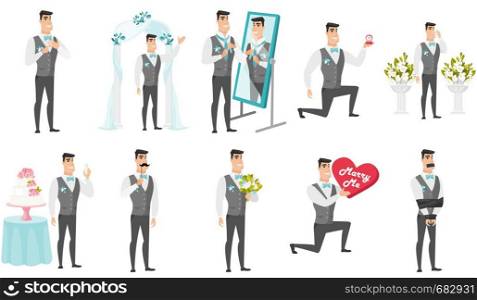 Groom and wedding scenes set. Young caucasian groom standing under wedding arch, making marriage proposal, holding bridal bouquet. Set of vector flat design illustrations isolated on white background.. Young caucasian groom vector illustrations set.