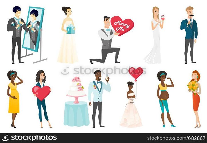 Groom, bride and wedding scenes set. Bride holding gift box, showing engagement ring, groom saying toast, bridesmaid with bouquet. Set of vector flat design illustrations isolated on white background.. Bride and groom vector illustrations set.