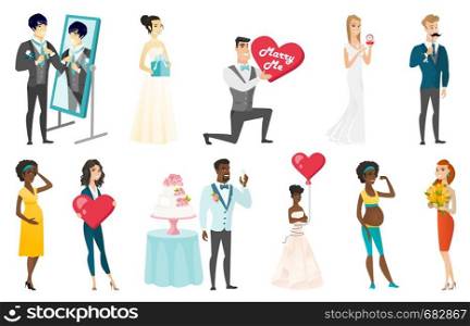 Groom, bride and wedding scenes set. Bride holding gift box, showing engagement ring, groom saying toast, bridesmaid with bouquet. Set of vector flat design illustrations isolated on white background.. Bride and groom vector illustrations set.