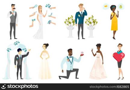 Groom, bride and wedding scenes set. Bride preparing before wedding, groom crying in front of altar, standing under wedding arch. Set of vector flat design illustrations isolated on white background.. Bride and groom vector illustrations set.