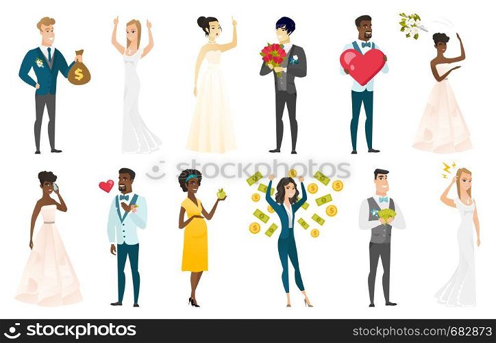 Groom, bride and wedding scenes set. Groom holding bag of money, holding hand on his chest, bride giving thumb up, tossing bouquet. Set of vector flat design illustrations isolated on white background. Bride and groom vector illustrations set.