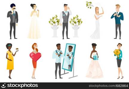 Groom, bride and wedding scenes set. Groom holding fake moustache, standing in front of altar, bride doing makeup, tossing bouquet. Set of vector flat design illustrations isolated on white background. Bride and groom vector illustrations set.