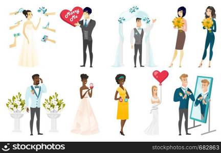 Groom, bride and wedding scenes set. Groom holding valentine card with text marry me, bridesmaid with bouquet, bride showing ring. Set of vector flat design illustrations isolated on white background.. Bride and groom vector illustrations set.