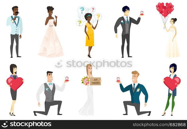 Groom, bride and wedding scenes set. Groom kneeling making a marriage proposal, bride showing a plate with text just married. Set of vector flat design illustrations isolated on white background.. Bride and groom vector illustrations set.