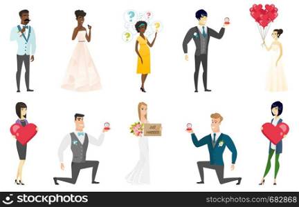 Groom, bride and wedding scenes set. Groom kneeling making a marriage proposal, bride showing a plate with text just married. Set of vector flat design illustrations isolated on white background.. Bride and groom vector illustrations set.