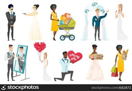 Groom, bride and wedding scenes set. Groom looking in the mirror, holding valentine card with text marry me, bride doing makeup. Set of vector flat design illustrations isolated on white background.. Bride and groom vector illustrations set.