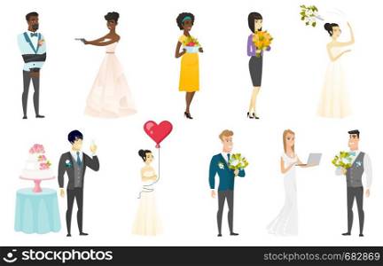 Groom, bride and wedding scenes set. Groom saying a toast near wedding cake, bride tossing a bridal bouquet, using a laptop. Set of vector flat design illustrations isolated on white background.. Bride and groom vector illustrations set.