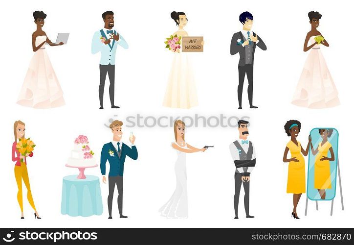 Groom, bride and wedding scenes set. Groom showing ring on a finger, bride holding money, pregnant woman looking in the mirror. Set of vector flat design illustrations isolated on white background.. Bride and groom vector illustrations set.