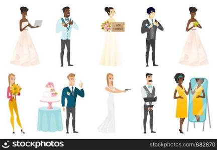 Groom, bride and wedding scenes set. Groom showing ring on a finger, bride holding money, pregnant woman looking in the mirror. Set of vector flat design illustrations isolated on white background.. Bride and groom vector illustrations set.