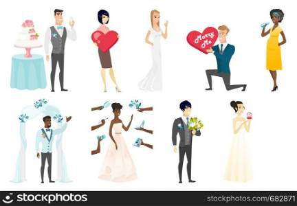 Groom, bride and wedding scenes set. Groom standing under wedding arch, holding bridal bouquet, bride preparing before the wedding. Set of vector flat design illustrations isolated on white background. Bride and groom vector illustrations set.