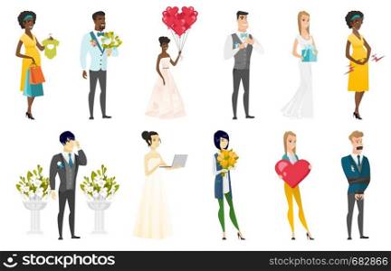 Groom, bride and wedding scenes set. Pregnant woman showing baby bodysuit, groom holding bouquet, bride with heart-shaped balloons. Set of vector flat design illustrations isolated on white background. Bride and groom vector illustrations set.
