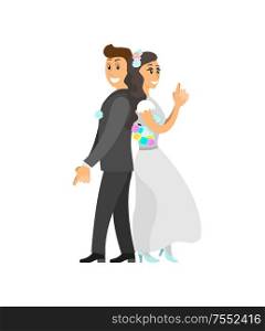 Groom in suit and bride wearing gown, funny spy pose, vector isolated. Just married couple posing on camera, newlyweds wife and husband on engagement. Groom in Suit and Bride Wearing Gown, Fun Spy Pose
