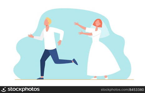 Groom man running from bride woman in wedding dress. Married couple flat vector illustration. Marriage, wedding party, newlyweds concept for banner, website design or landing web page