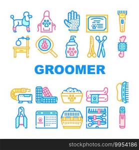 Groomer Pet Service Collection Icons Set Vector. Cage For Transportation Animal And Table For Examination, Groomer Glove And Hair Clipper Concept Linear Pictograms. Contour Color Illustrations. Groomer Pet Service Collection Icons Set Vector