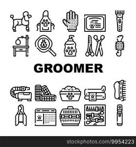 Groomer Pet Service Collection Icons Set Vector. Cage For Transportation Animal And Table For Examination, Groomer Glove And Hair Clipper Black Contour Illustrations. Groomer Pet Service Collection Icons Set Vector