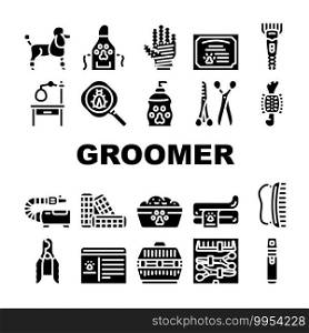 Groomer Pet Service Collection Icons Set Vector. Cage For Transportation Animal And Table For Examination, Groomer Glove And Hair Clipper Glyph Pictograms Black Illustrations. Groomer Pet Service Collection Icons Set Vector
