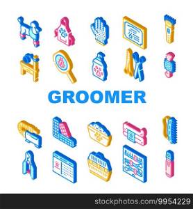Groomer Pet Service Collection Icons Set Vector. Cage For Transportation Animal And Table For Examination, Groomer Glove And Hair Clipper Isometric Sign Color Illustrations. Groomer Pet Service Collection Icons Set Vector