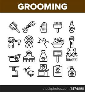 Grooming Animal Tool Collection Icons Set Vector. Equipment For Grooming Pet Claws And Wool, Washing And Drying Dog, Pet Shop And Hairbrush Concept Linear Pictograms. Monochrome Contour Illustrations. Grooming Animal Tool Collection Icons Set Vector