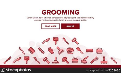 Grooming Brush For Pet Landing Web Page Header Banner Template Vector. Grooming Care Accessory In Different Form, Animal Cleaning Comb Tool Illustrations. Grooming Brush For Pet Landing Header Vector