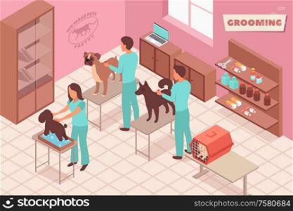 Grooming isometric composition with indoor view of pet grooming salon with people and pets on tables vector illustration