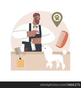 Grooming salon abstract concept vector illustration. Grooming appointment in salon, mobile pet service, beauty shop, doggie day spa, haircut, paws treatment parlor, animal care abstract metaphor.. Grooming salon abstract concept vector illustration.