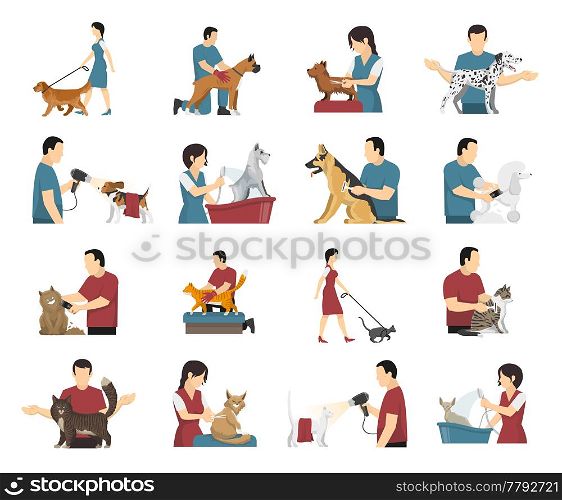 Grooming service set with isolated images of people washing drying and cutting wool of their pets vector illustration. Pet Care People Set