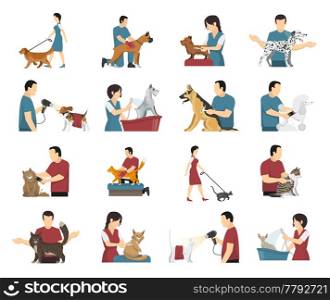 Grooming service set with isolated images of people washing drying and cutting wool of their pets vector illustration. Pet Care People Set
