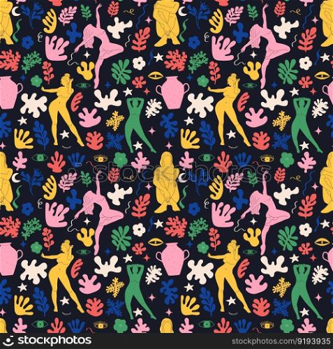 Groovy abstract art seamless pattern. Matisse random organic shapes and female silhouettes in trendy retro 60s 70s style. Groovy abstract art seamless pattern. Matisse random organic shapes and female silhouettes in trendy retro 60s 70s style.