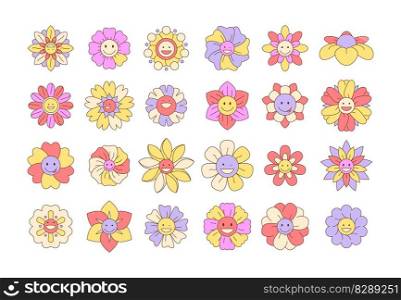 Groovy cartoon flowers. Funny hippie line icons with face smile and laugh, hippie flower characters with happy emotions. Vector colorful set. Vintage beautiful blossom with positive facial expressions. Groovy cartoon flowers. Funny hippie line icons with face smile and laugh, hippie flower characters with happy emotions. Vector colorful set