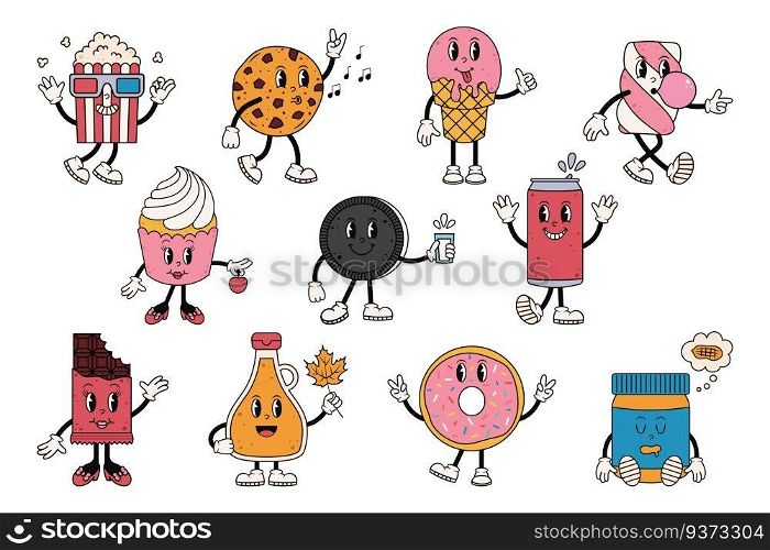 Groovy character set with sweets. Cute retro mascot. Cartoon isolated vector illustration.