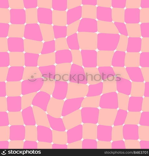 Groovy Checkerboard Seamless Pattern. Psychedelic Abstract Background in 1970s Retro Style for Print on Textile Wrapping Paper, Web Design and Social Media. Pink Color.