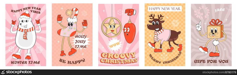 Groovy Christmas banner set vector. Hipster white bear, deer, gift. Crazy, funny socks, New Year tree balls. Cute mascot characters in 60s, 70s style.. Groovy Christmas banner set vector. Hipster white bear, deer, gift. Crazy, funny socks,