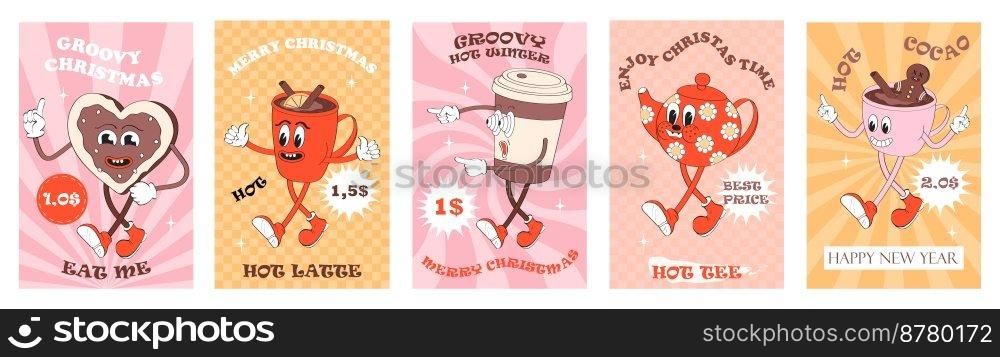 Groovy Christmas banners vector. Hipster coffee cup, tee pot. Crazy, funny hot mug, New Year cocao capuchinno. Cute mascot cappuccino, mocaino characters in 60s, 70s style. Sale xmas street market.. Groovy Christmas banners vector. Hipster coffee cup, tee pot. Crazy, funny hot mug, New Year cocao capuchinno. Cute mascot cappuccino