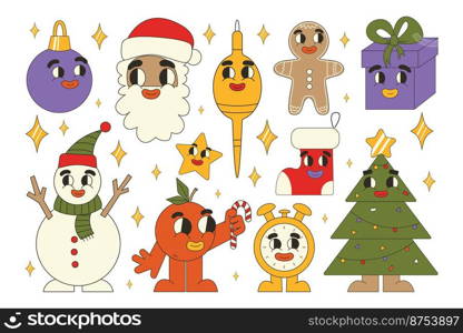 Groovy Christmas stickers. Santa Claus, Christmas tree, gifts, gingerbread in trendy retro cartoon style. Cartoon characters and elements.. Groovy Christmas stickers. Santa Claus, Christmas tree, gifts, gingerbread in trendy retro cartoon style. Cartoon characters and elements