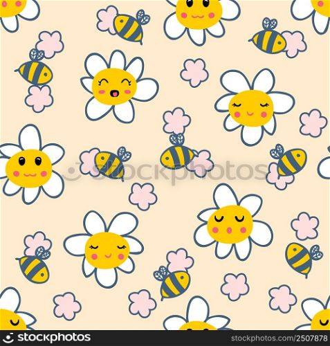 Groovy daisies and bees hippie aesthetic seamless pattern. Funny simple characters print for nursery and baby fashion. Childish floral illustration for fabric, paper, T-shirt.