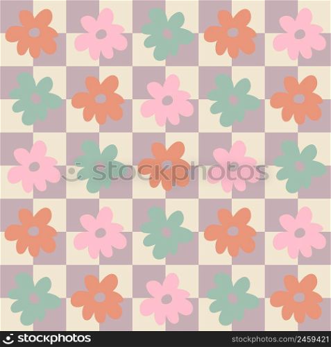 Groovy daisy flowers hippie aesthetic seamless pattern. Funny simple checkerboard print for fabric, paper, T-shirt. Doodle vector illustration for decor and design.